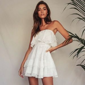 Lulu’s True Lover White Burnout Floral Ruffled Strapless Mini Dress
